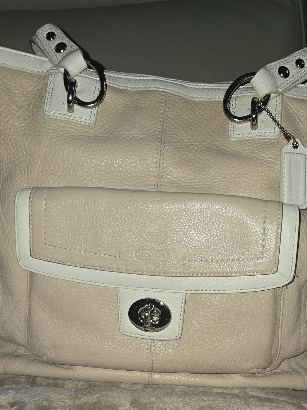 Coach 2012 Penelope Pebbled Leather Tote Bag in Beige and White